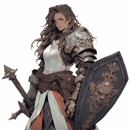 young female knight, fantasy armor, borwn hair in a braid, with sword and shield, muscular, drawn by kazuya takahashi, final fantasy concept art --niji 5
