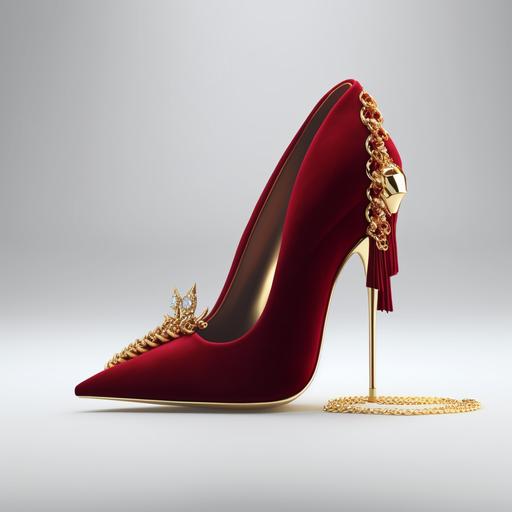 realistic, wine red coloured velvet fabric stilleto with a small golden luck charm chain on side and golden heels on white background, 4K