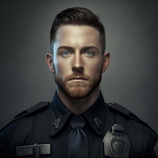 30 year old man, white skin, short brown hair with shaved sides, short clean cut beard, blue eyes, wearing a swat police uniform.