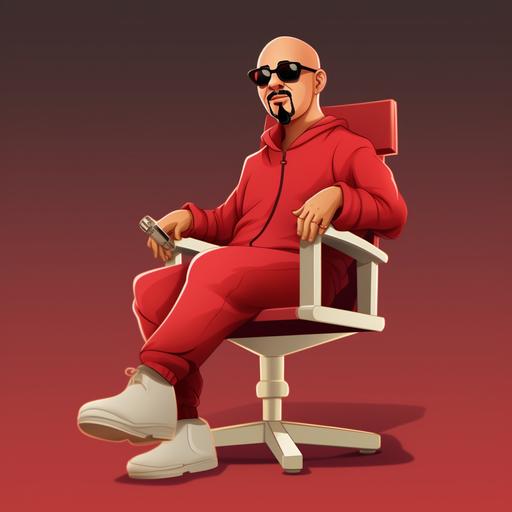 30 year old medium build, light skinned salvardorean american cartoon character, bald wearing clear sunglasses, salt and pepper mustache and goatee, wearing a red track sweatsuit, wearing a gold necklace, wearing matching red running shoes, sitting in a Hollywood directors chair --v 5 --s 50