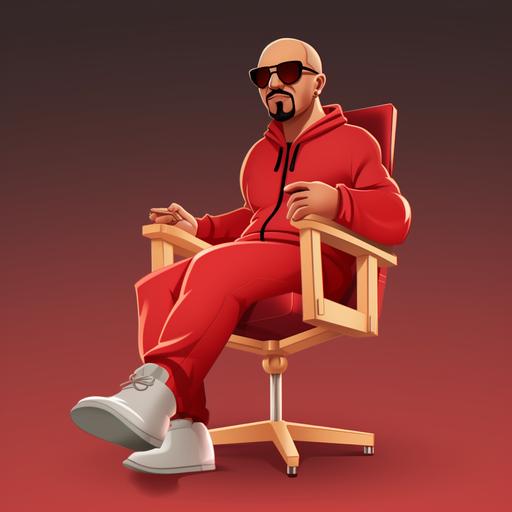 30 year old medium build, light skinned salvardorean american cartoon character, bald wearing clear sunglasses, salt and pepper mustache and goatee, wearing a red track sweatsuit, wearing a gold necklace, wearing matching red running shoes, sitting in a Hollywood directors chair --v 5 --s 50