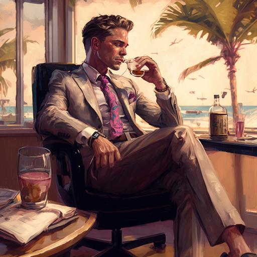 30 year old successful business man with slicked back hair wears a cream colored suit with a light blue button down shirt, pink tie, and crocidile shoes sits in his leather office chair looking out at the tropical beach enjoying his whisky and cigar
