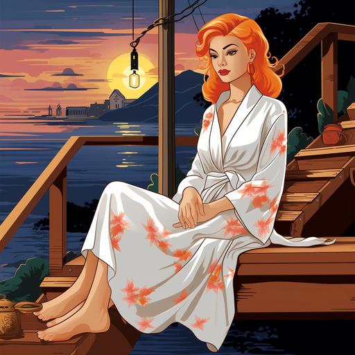 30-year-old woman with strawberry blonde hair, she wears a white silk robe and wooden flip-flops, 1950s cartoon style image