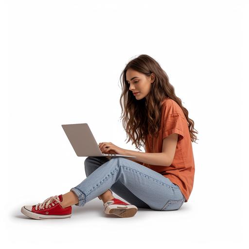 /30 years old woman, sitting on the floor with a laptop, crossed legs, wearing jeans, and a plain orange t-shirt, using a MacBook laptop, typing, looking at the screen of the laptop, brunette hair, smiling slightly, white background, low view, wide angle, hyper-realistic, Unsplash style, professional photography, isolated, her shirt is clean and simple, clear view of the shirt, copy space on the front of the t-shirt, she is wearing red Converse Allstar sneakers, her hair doesn't obscure the shirt, white background, slight shadow on the floor, an isolated on white image, a professional photo, aspect ratio 1:1, natural lighting, well-lit scene, realistic, high resolution, creative, no shadows in the background - just white --v 6.0 --style raw