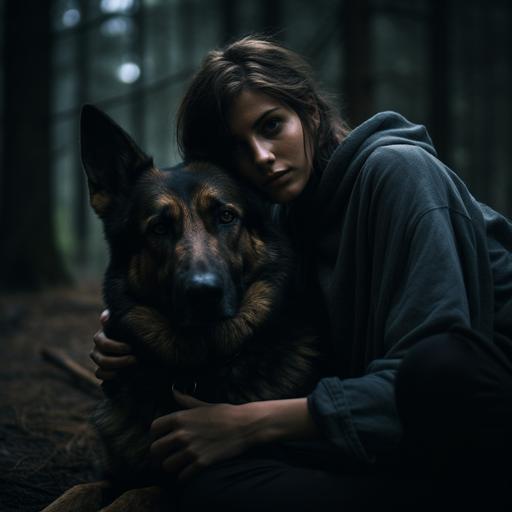 a dark scene in the woods, a woman and her german shepherd huddle together, symbolizing fear of the unknown, will-o'-the-wisp