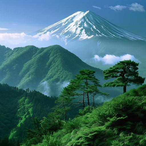 imagen con tonos verdes que represente la naturaleza japonesa y que se pueda apreciar el monte Fuji --v 6.0
