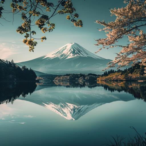 imagen con tonos verdes que represente la naturaleza japonesa y que se pueda apreciar el monte Fuji
