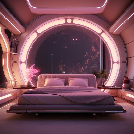 A cozy bedroom scene witha neatly made bed, futuristic, light pink lights