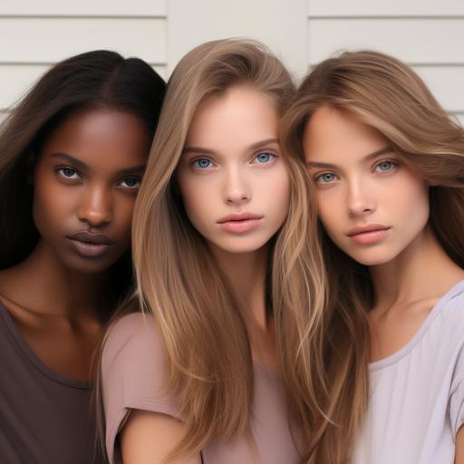 Three different complexion, thai, indonesian, india, mexican teens with NO makeup, clear glowing skin , pink glossy lips, white background, strong pose, beautiful hair, three different hair color: dark blonde, mocha brown, burgundy, with strong emphasize on hair