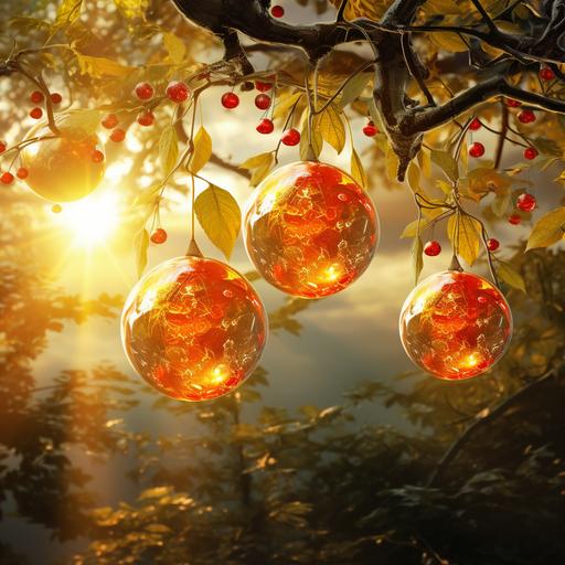 A sun that shines above a three wit big yellow balls hanging from the branches, and the leaves are red ande yellow and is glittering in teh sun