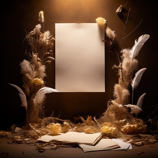 Paper, old paper sheet a4 in the centre is empty, around dried flowers and one dove feather, background tree, falling sunlight,