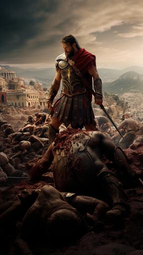 A Roman, with a gladiator helmet, sword and armor, on top of a Hill of people fallen in combat, in the background the Destroyed Roman Empire,hyper realistic, photo realism, cinematography --ar 9:16