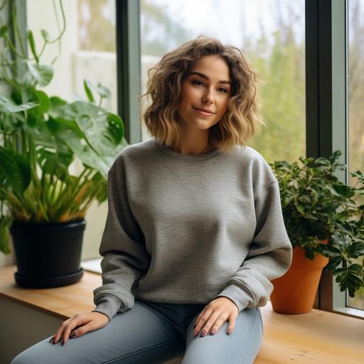 realistic photo of woman wearing a blank Ash color heathered Gildan 18000 sweatshirt and jeans sitting on a modern couch with a window with bright natural light in the background and greenery