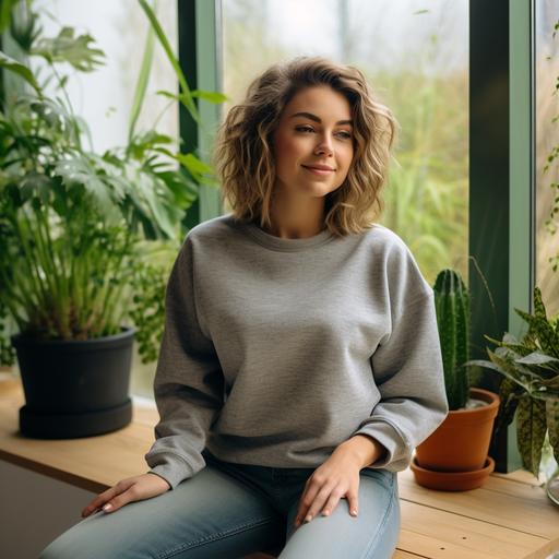 realistic photo of woman wearing a blank Ash color heathered Gildan 18000 sweatshirt and jeans sitting on a modern couch with a window with bright natural light in the background and greenery