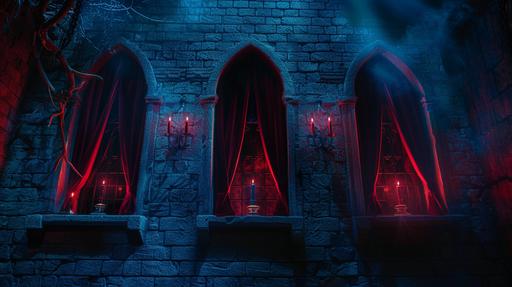 photo of a cinematic architecture castle wall, windows, in the night with red lights, resident evil enviroment, red curtains, candles, moon light --ar 16:9 --v 6.0