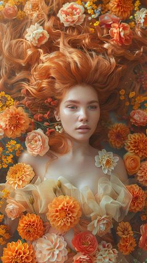 flowers are piled up in a bedroom, playful color, woman standing on this flower’s, The woman's hair is a rich copper shade with radiant golden blonde highlights that could hint at a balayage technique. It is styled into loose, defined curls that look natural and voluminous. The haircut can be described as medium length with layers that add volume and movement, particularly noticeable around the face. The curls fall loose and informal, giving the style a relaxed yet stylish vibe, clouds and smoke everywhere, passage, colorful dreams, Twilight and warm light from the street lamp, light orange and gold, Photorealism, 35mm film , Kodak portra, powerful and emotive portraiture, poetic intimacy, unconventional forms, gentle lyricism, i can't believe how beautiful this is, --ar 9:16