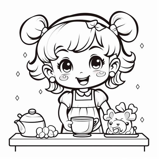 Black and white coloring book page for children, cute, kitchen play, cartoon style, thick lines, no shading, ar-- 9:11