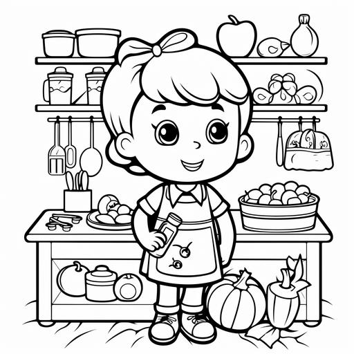 Black and white coloring book page for children, cute, kitchen play, cartoon style, thick lines, no shading, ar-- 9:11