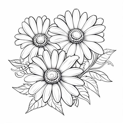 Black and white coloring book page for children, flower, daisy, cartoon style, thick lines, no shading, ar-- 9:11