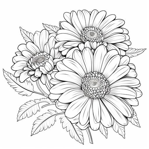 Black and white coloring book page for children, flower, Gerbera Daisy, cartoon style, thick lines, no shading, ar-- 9:11
