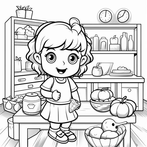 Black and white coloring book page for children, cute, kitchen play, cartoon style, thick lines, no shading, ar-- 9:11