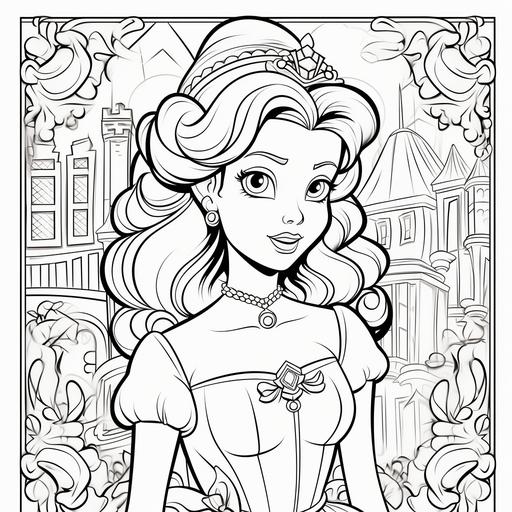 Black and white coloring book page for children, belle, cartoon style, thick lines, no shading, ar-- 9:11