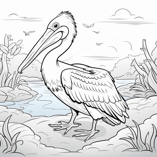 coloring page for kid, Pelican, cartoon style, thick lines, no shading, ar-- 9:11