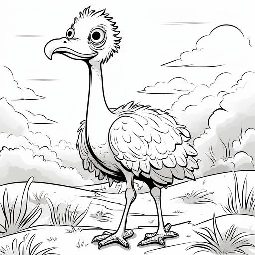 coloring page for kid, ostrich, cartoon style, thick lines, no shading, ar-- 9:11