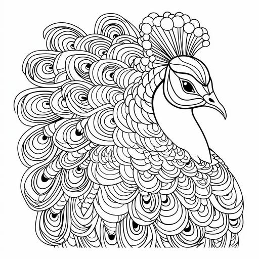 coloring page for kid, peacock, cartoon style, thick lines, no shading, ar-- 9:11