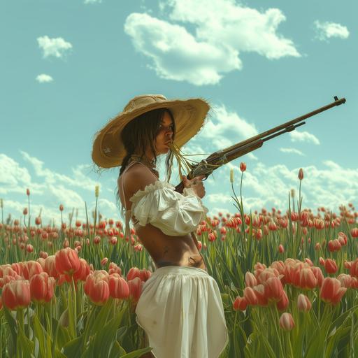 hardboiled rugged muscular bodybuilder female farmer with wide straw farmer hat, rustic clothes, tattered white tunic, chewing a straw and looking at viewer non-chalantly while holding a rifle, among a field of tulips, under the scorching summer sun --v 6.0