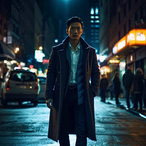 32K extreme long shot of a chinese male tall model walking in the street in night,renbratt lighting,fine film grain--ar16:9--v5