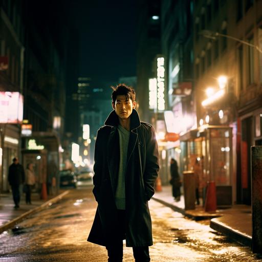 32K extreme long shot of a chinese male tall model walking in the street in night,renbratt lighting,fine film grain--ar16:9--v5