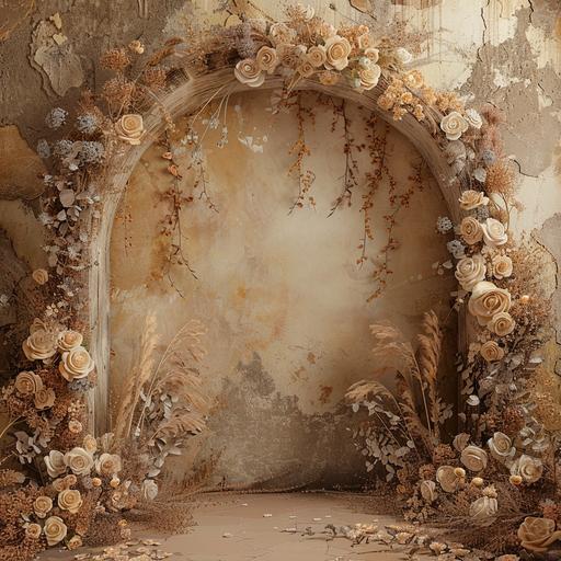a digital backround for photography with an arch, florals along the arch, boho, tan color