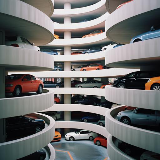 Underground car park, vehicles spiral downwards, simple and bright