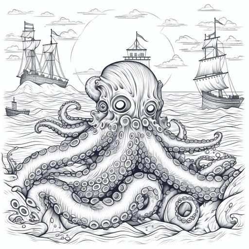 coloring page for kids,Kraken a Oceans,cartoon stye,low detail lines,no shading-ar9:11
