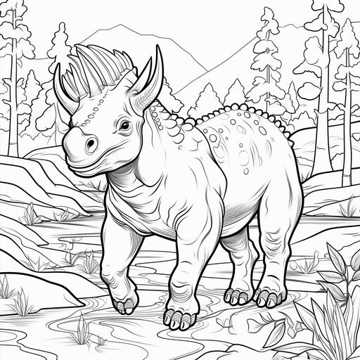 coloring page for kids,Triceratops a riverside,cartoon stye,low detail lines,no shading-ar 9:11