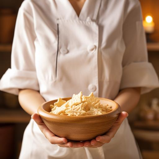 hand of woman holding a bowl of rice crackers. Focus should be on the crackers. Woman's face should not show. She is dressed like a chef wearing white chef apron.