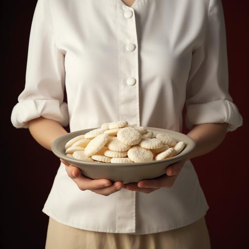hand of woman holding a white bowl of round rice crackers. Focus should be on the crackers. Woman's face should not show. She is dressed like a chef wearing white chef apron.