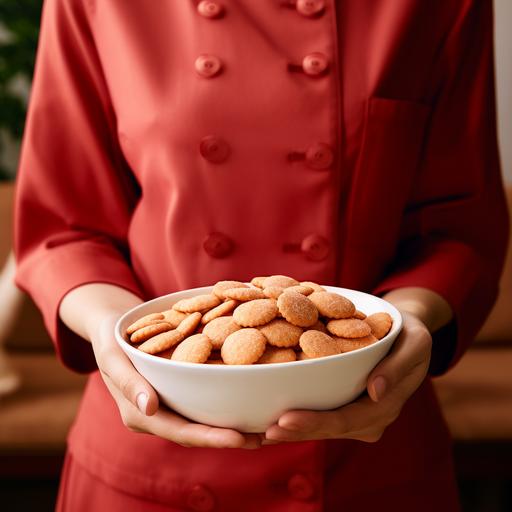 hand of woman holding a white bowl of round red coloured rice crackers. Focus should be on the crackers. Woman's face should not show. She is dressed like a chef wearing white chef apron.