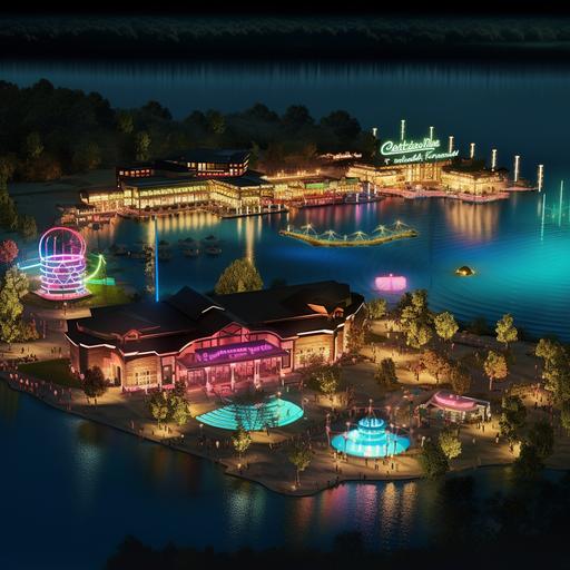 At night with neon glowing, a lakeside resort with boardwalks seen from above on a large hill. It shoud be in the midwest hills with lots of forest surrounding it. It should have a a big arcade and neon sign that says, 