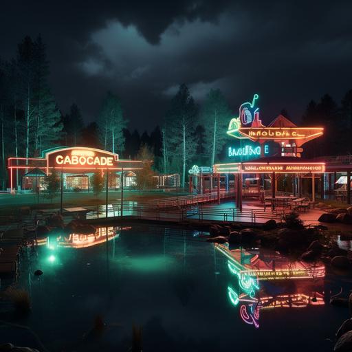 At night with neon glowing, a lakeside resort with boardwalks and neon signs. It shoud be in the midwest hills with lots of forest surrounding it. It should have a a big arcade and neon sign that says ARCADE and the rest of the shops and restaurants should have neon signs too.