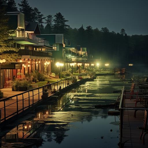 a lakeside boardwalk resort in midwest hills with lots of forest surrounding it. It should have a a big arcade and neon signs for all the shops and restaurants, The photo should be at night.