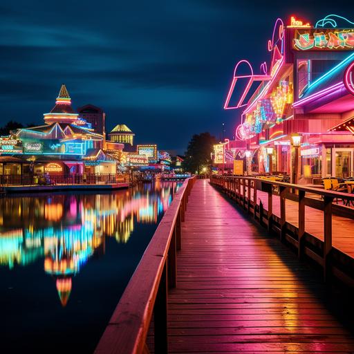 a lakeside boardwalk resort in the midwest with a big arcade and neon signs for all the shops and restaurants, at night