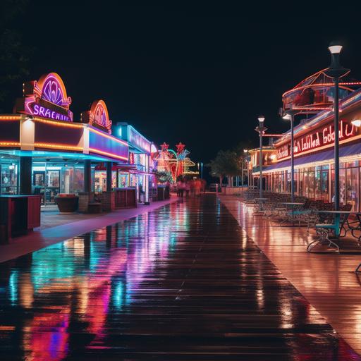 a lakeside boardwalk resort in the midwest with a big arcade and neon signs for all the shops and restaurants, at night