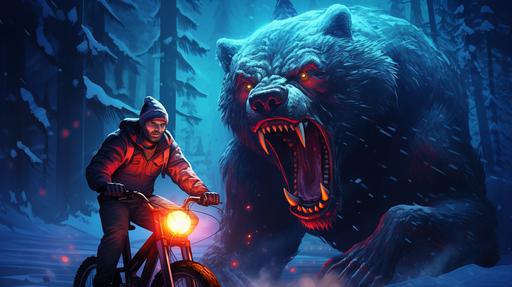 3336_A man with a gangster's face and a wicked smile, wearing a black bicycle helmet and a blue jacket, is riding a fatbike in the snow, and an angry bear is running after him.. Neon style --ar 16:9