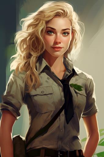 Ellie Sattler is a dynamic and capable paleobotanist, and her appearance reflects her adventurous spirit. She stands at an average height with a strong, athletic build. Her wavy blond hair cascades around her shoulders, often tied back in a practical ponytail to keep it out of her way during fieldwork. Ellie's striking blue eyes convey both intelligence and determination. In Jurassic Park, she wears a practical ensemble suited for the outdoors. Her attire typically includes a khaki or olive-green shirt, often rolled up at the sleeves for comfort. She pairs this with rugged cargo pants that allow for freedom of movement while exploring the prehistoric landscape. Ellie's outfit is usually accessorized with a brown leather belt, emphasizing her resourcefulness. Her footwear consists of sturdy hiking boots, well-worn from trudging through various terrains. Full body, realistic