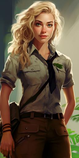 Ellie Sattler is a dynamic and capable paleobotanist, and her appearance reflects her adventurous spirit. She stands at an average height with a strong, athletic build. Her wavy blond hair cascades around her shoulders, often tied back in a practical ponytail to keep it out of her way during fieldwork. Ellie's striking blue eyes convey both intelligence and determination. In Jurassic Park, she wears a practical ensemble suited for the outdoors. Her attire typically includes a khaki or olive-green shirt, often rolled up at the sleeves for comfort. She pairs this with rugged cargo pants that allow for freedom of movement while exploring the prehistoric landscape. Ellie's outfit is usually accessorized with a brown leather belt, emphasizing her resourcefulness. Her footwear consists of sturdy hiking boots, well-worn from trudging through various terrains. Full body, realistic