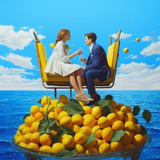 Situation is Sicily. Some lemon are there. Man & Woman enjoy at sea. Sky is blue.