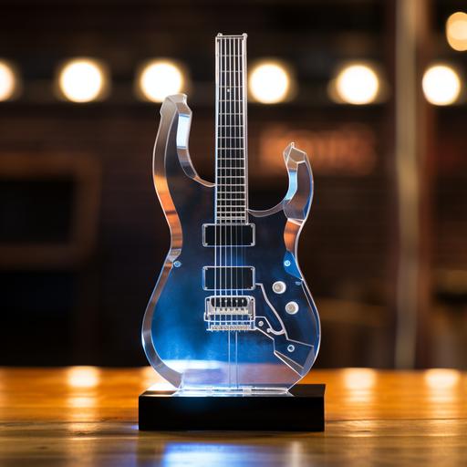 a free standing acrylic award shaped in the outline of a guitar, with ibm logo and circuit technology design, with the text 