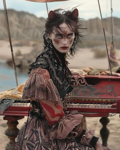Cat Vampire sitting by a red vintage piano in the desert. The cat is dressed in a vampire costume. Vampire teeth and Vampire Makeup. Piano is by the edge of a river. Cat is Dressed in chloe by karl lagerfield Fashion style. dark pink Haute Couture, Silver Irridescent Star Sparkle Embelishments . 250 --v 6.0 --ar 4:5